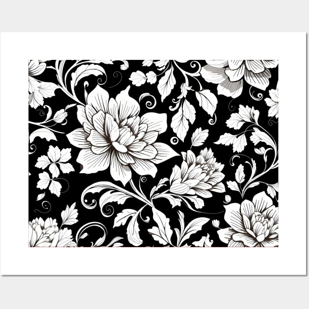 Seamless floral pattern with black and white flowers on a white background. Wall Art by Raja2021